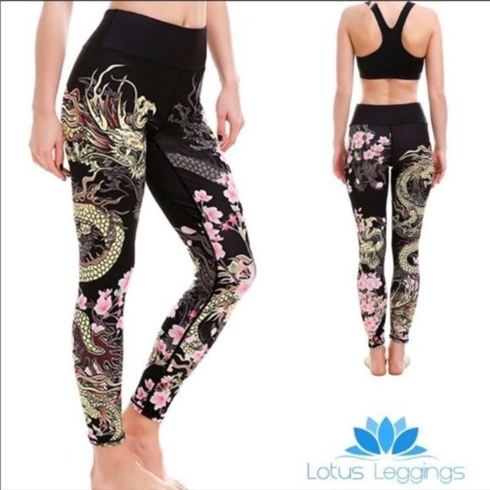 Lotus Leggings Black Dragon & Pink Floral Print High-Waist Leggings